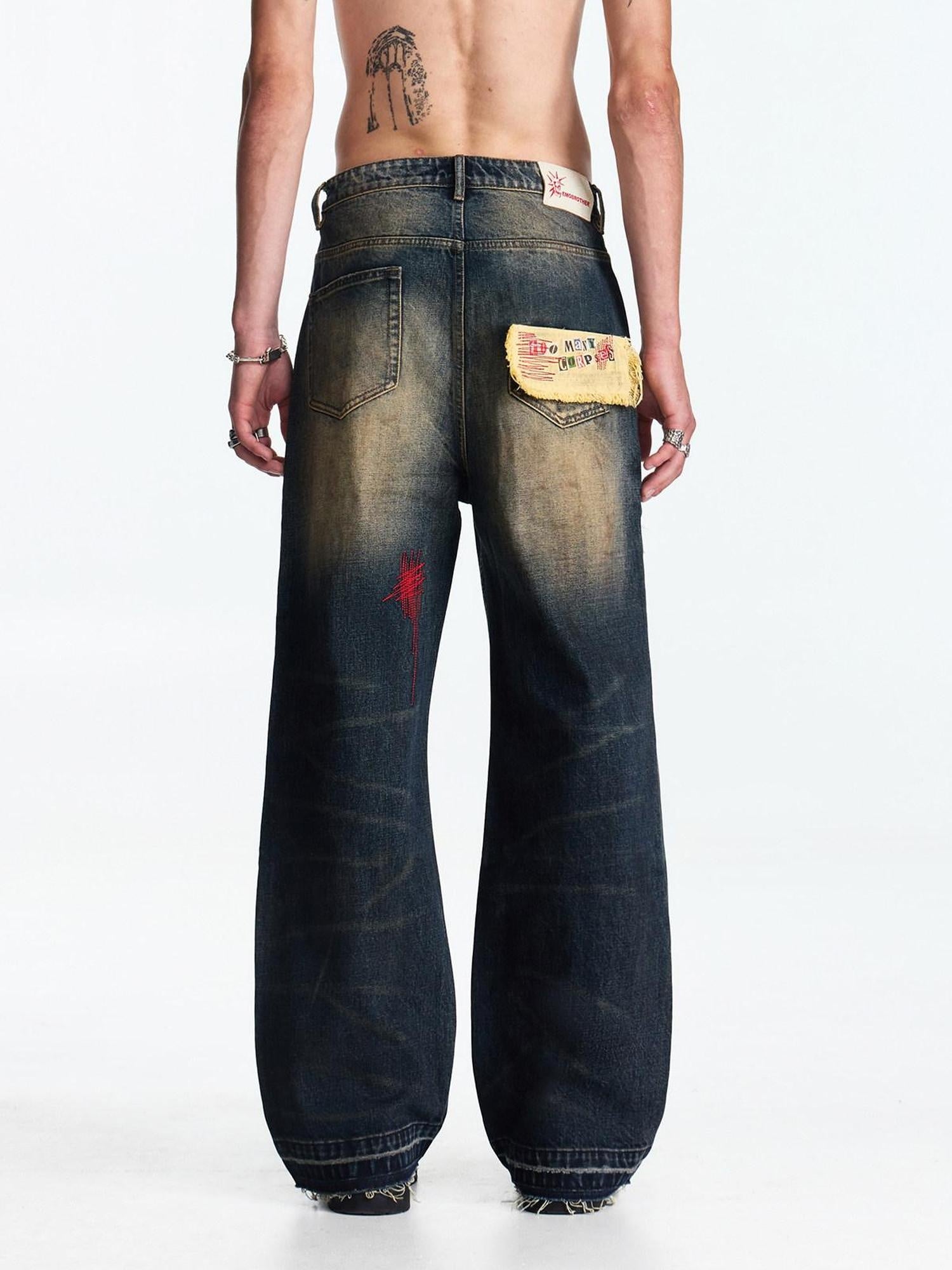 EMOBROTHER Durable 100% Cotton Distressed Washed Mid Rise Casual Blue Straight Jeans