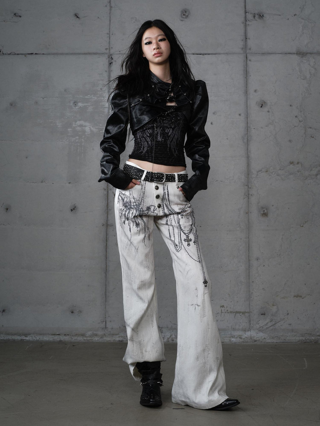 NO ROMANCE Dyed Punk Washed White Loose Fit Natural Waist Cotton Women Wide-Leg Jeans