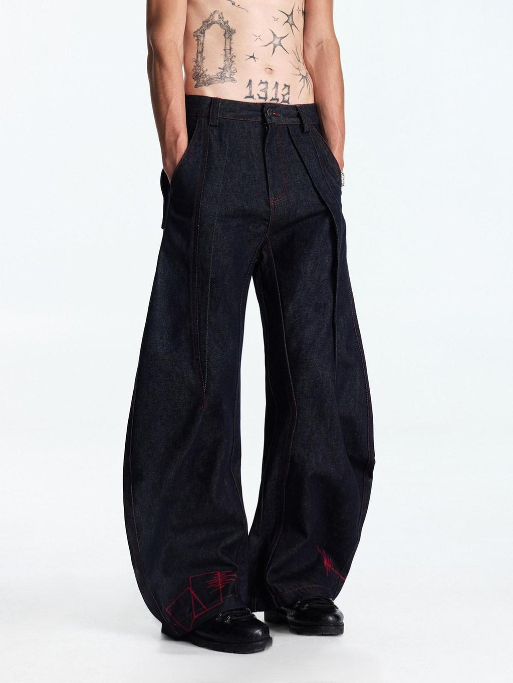 EMOBROTHER Embroidered Patch Mid Rise Baggy American Denim Cotton Wide-Leg Jeans