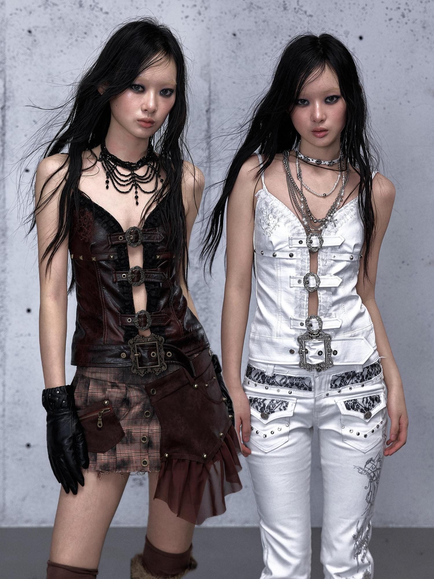 NO ROMANCE Slim Fit Punk V-neck Layering Women White Dark Red Tank Tops