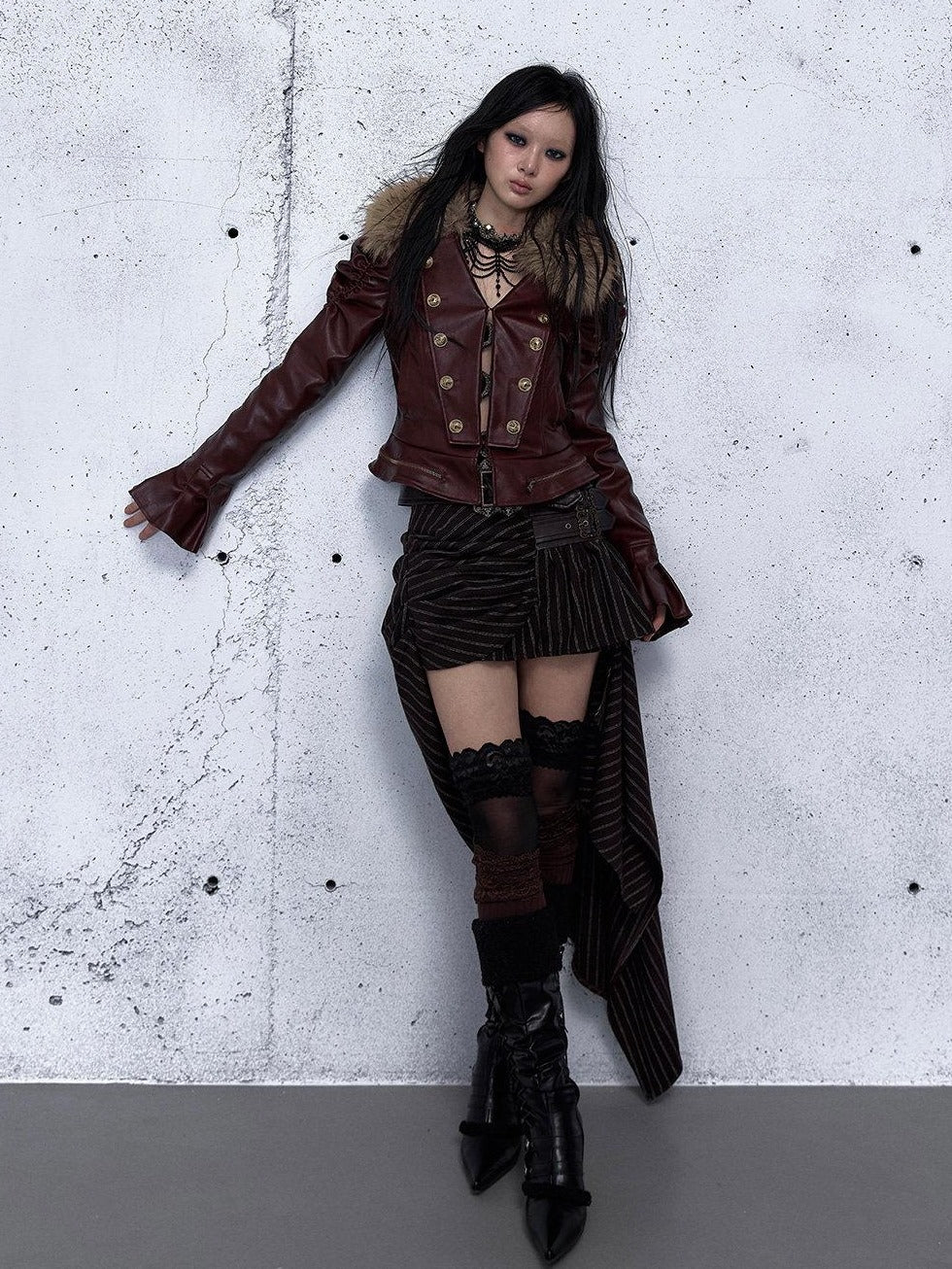 NO ROMANCE Removable Punk Style Regular Fit Women Burgundy Button Front Casual Jackets