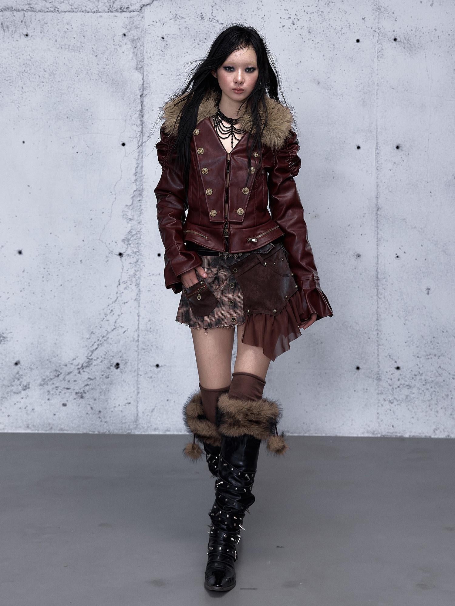 NO ROMANCE Removable Punk Style Regular Fit Women Burgundy Button Front Casual Jackets