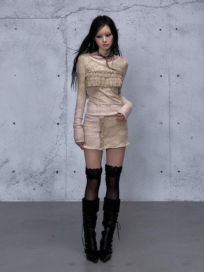 NO ROMANCE Soft Vintage Slim Fit Crew Neck Women Apricot And Khaki Long Sleeve T-Shirts