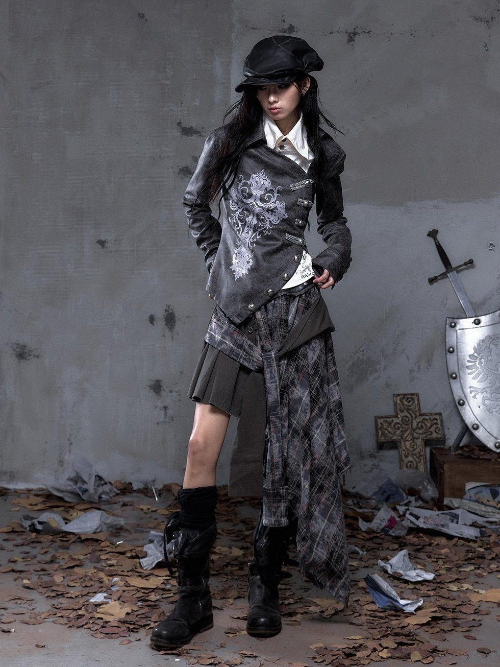 NO ROMANCE Edgy Patchwork Asymmetric Slim Mid Waist Women Citywalk Midi Skirts