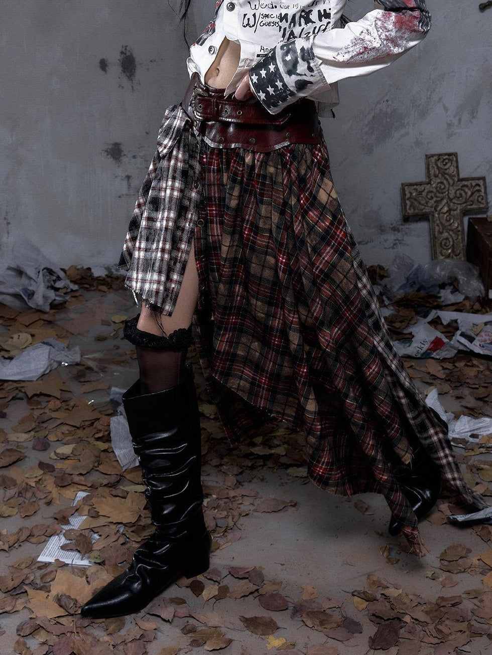 NO ROMANCE Edgy Patchwork Asymmetric Slim Mid Waist Women Citywalk Midi Skirts