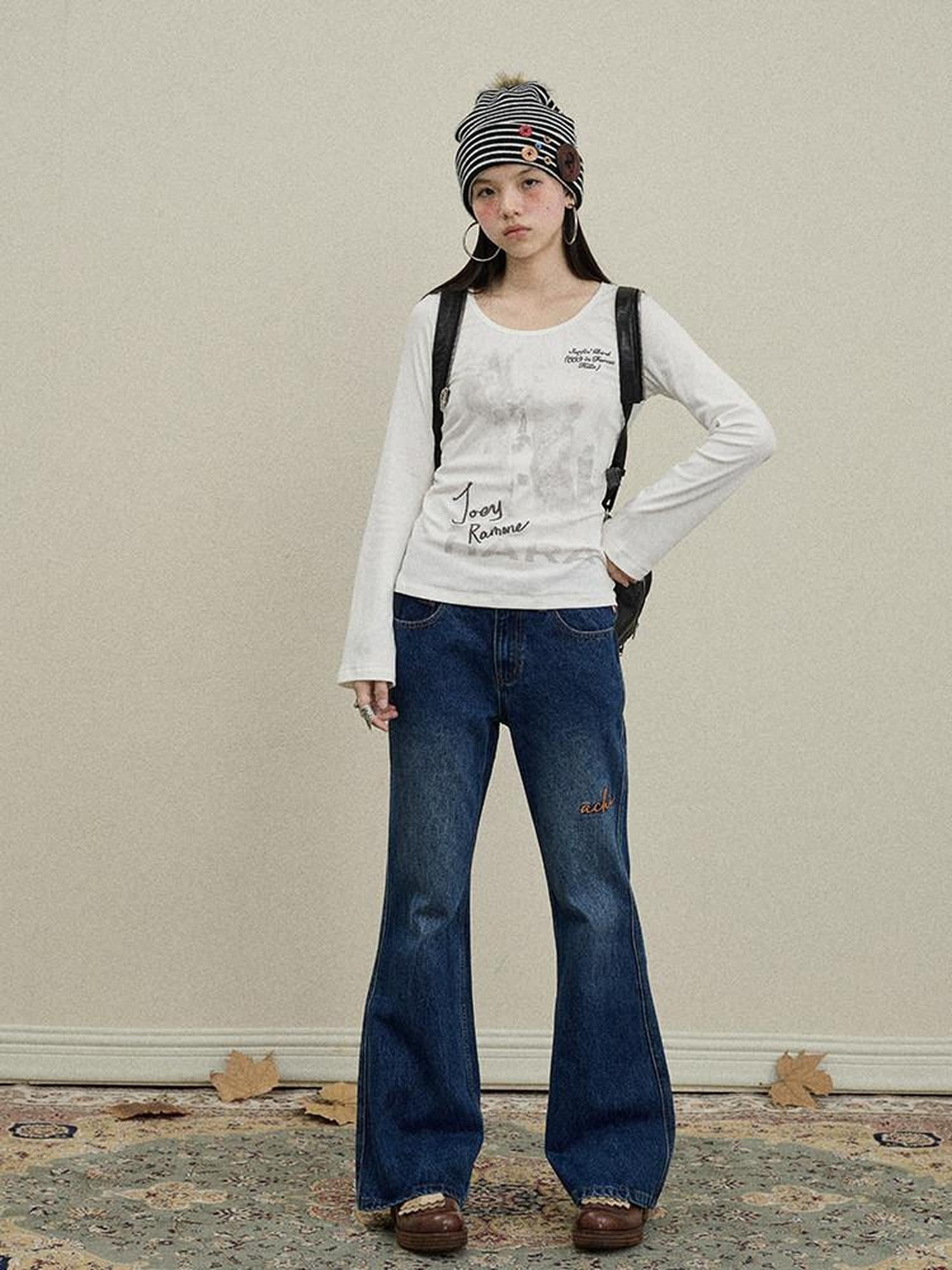 Achihara Slight Embroidered Distressed Wash Slim Women'S Denim Flare Jeans
