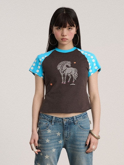 Achihara_Polka_Dot_Contrast_Panel_Rhinestone_Women'S_Cotton_Blend_Short_Sleeve_T-Shirts_MISSTT
