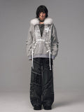 Frustration Garden Original Design Loose Fit Printed Fur Collar Zip Hooded Warm Gray Women Hoodies