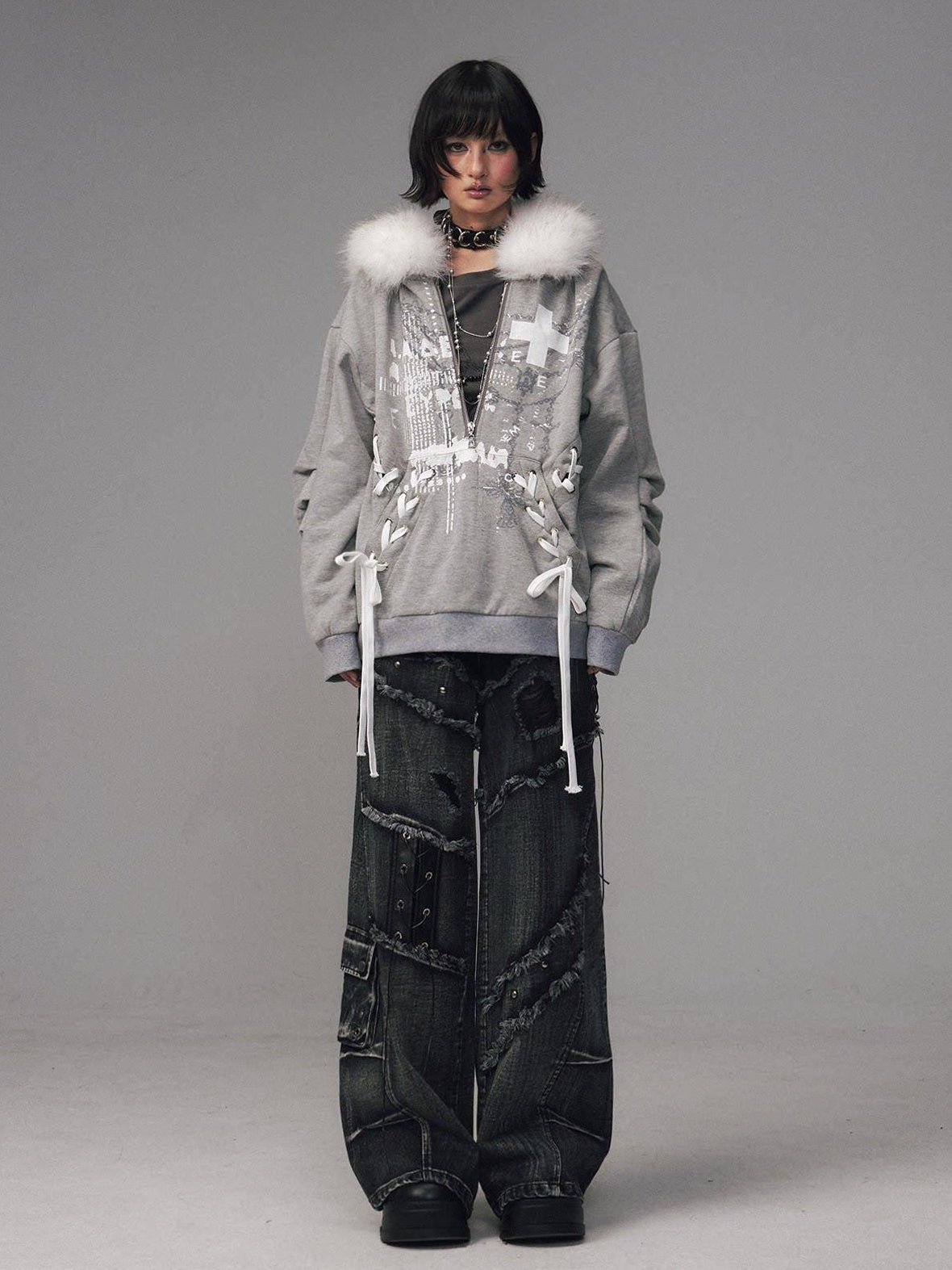 Frustration Garden Original Design Loose Fit Printed Fur Collar Zip Hooded Warm Gray Women Hoodies