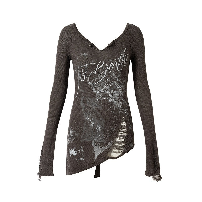 NO_ROMANCE_Soft_Slim_Punk_V-neck_Reversible_Distressed_Polyester_Women_Long_Sleeve_T-Shirts_MISSTT