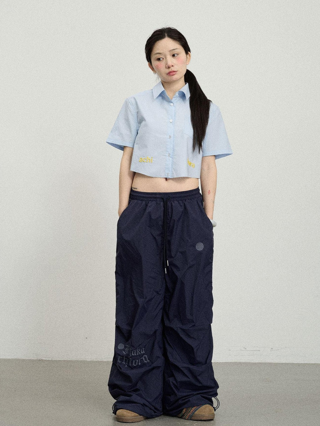Achihara Soda Blue Office Collared Short Sleeve Women'S 100 Percent Cotton Crop Tops