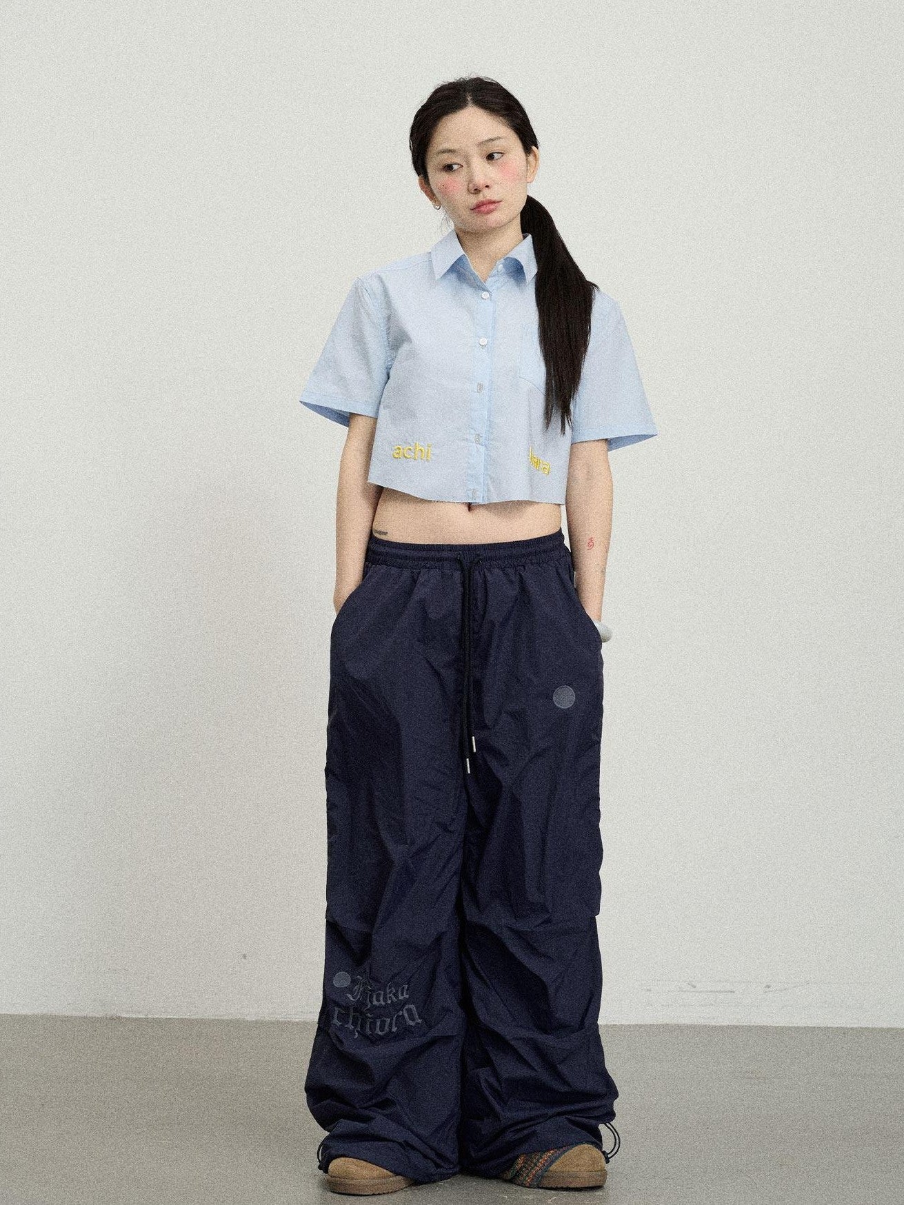 Achihara Soda Blue Office Collared Short Sleeve Women'S 100 Percent Cotton Crop Tops