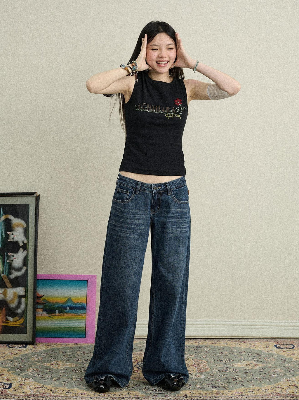 Achihara Hotfix Rhinestone Letter Print Women'S Cotton Stretch Tank Tops