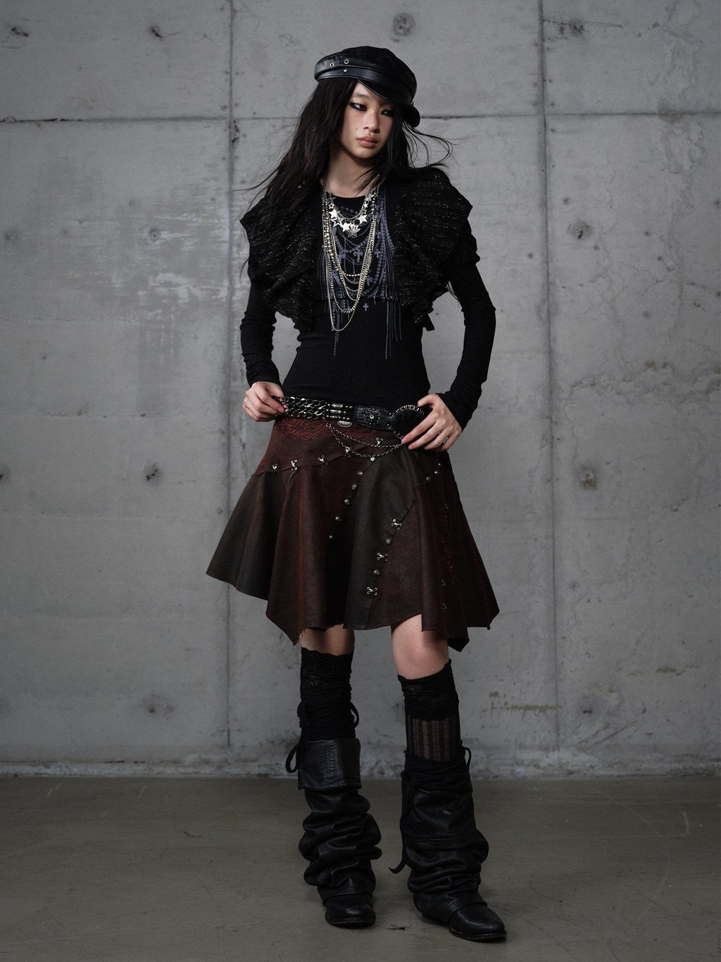 NO ROMANCE Embroidered Regal Asymmetric Mid Rise Loose Casual Girls Dark Brown Mini Skirts