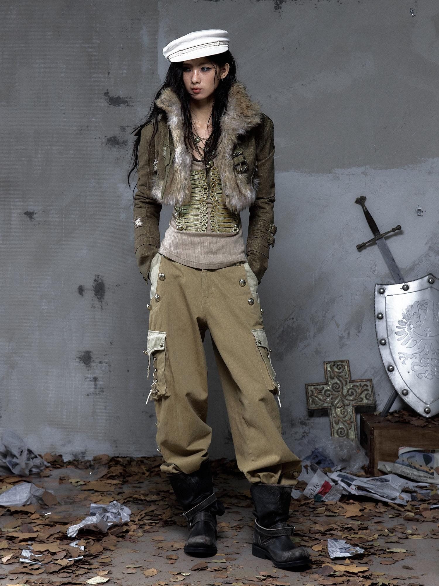 NO ROMANCE Distressed Vintage Slim Fit Cropped Long Sleeve Women Gold Khaki Casual Jackets