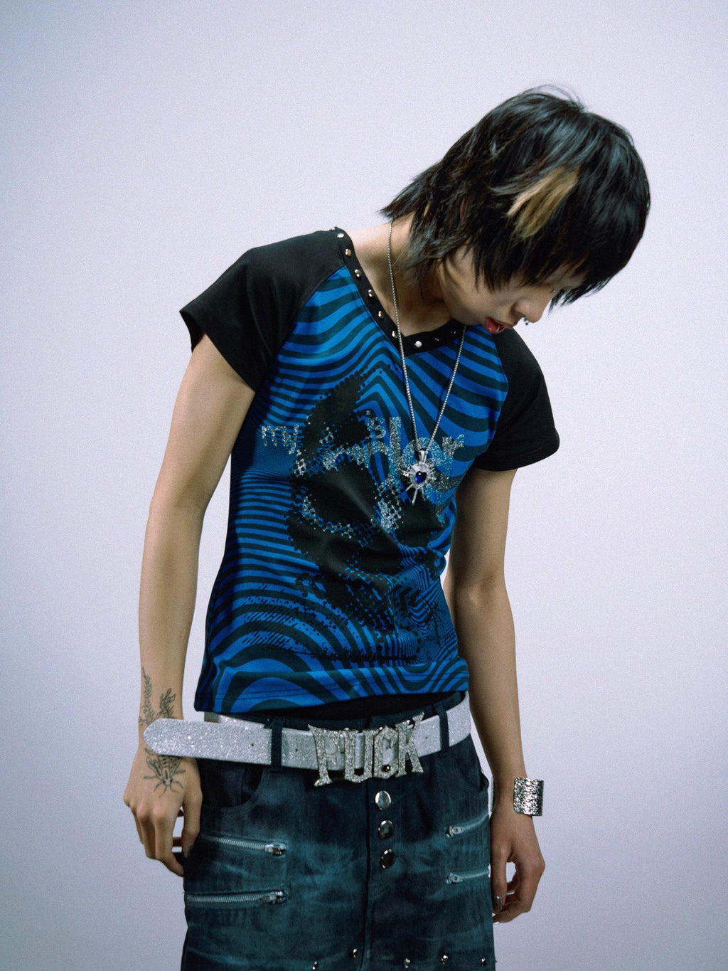 PAIKI Sorona Slim Fit Skull Print Rock Crewneck Unisex Blue Short Sleeve T-Shirts