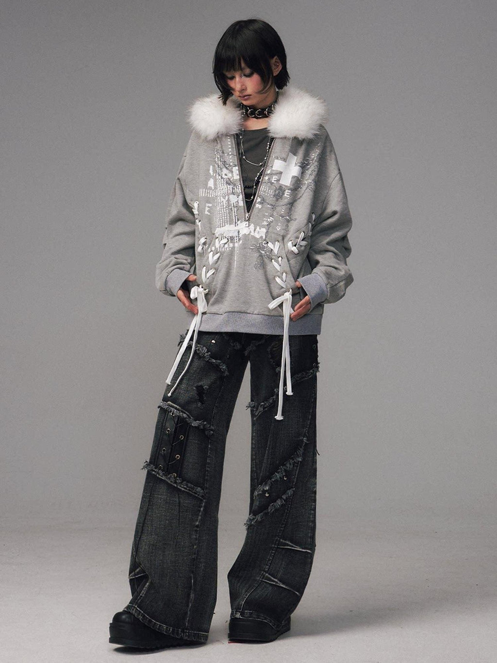 Frustration Garden Original Design Loose Fit Printed Fur Collar Zip Hooded Warm Gray Women Hoodies
