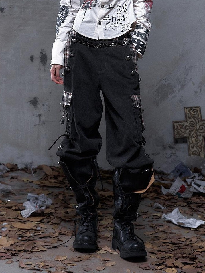 NO ROMANCE Pure Cotton Punk Patchwork Loose Fit Natural Waist Button Fly Women Pants Chinos