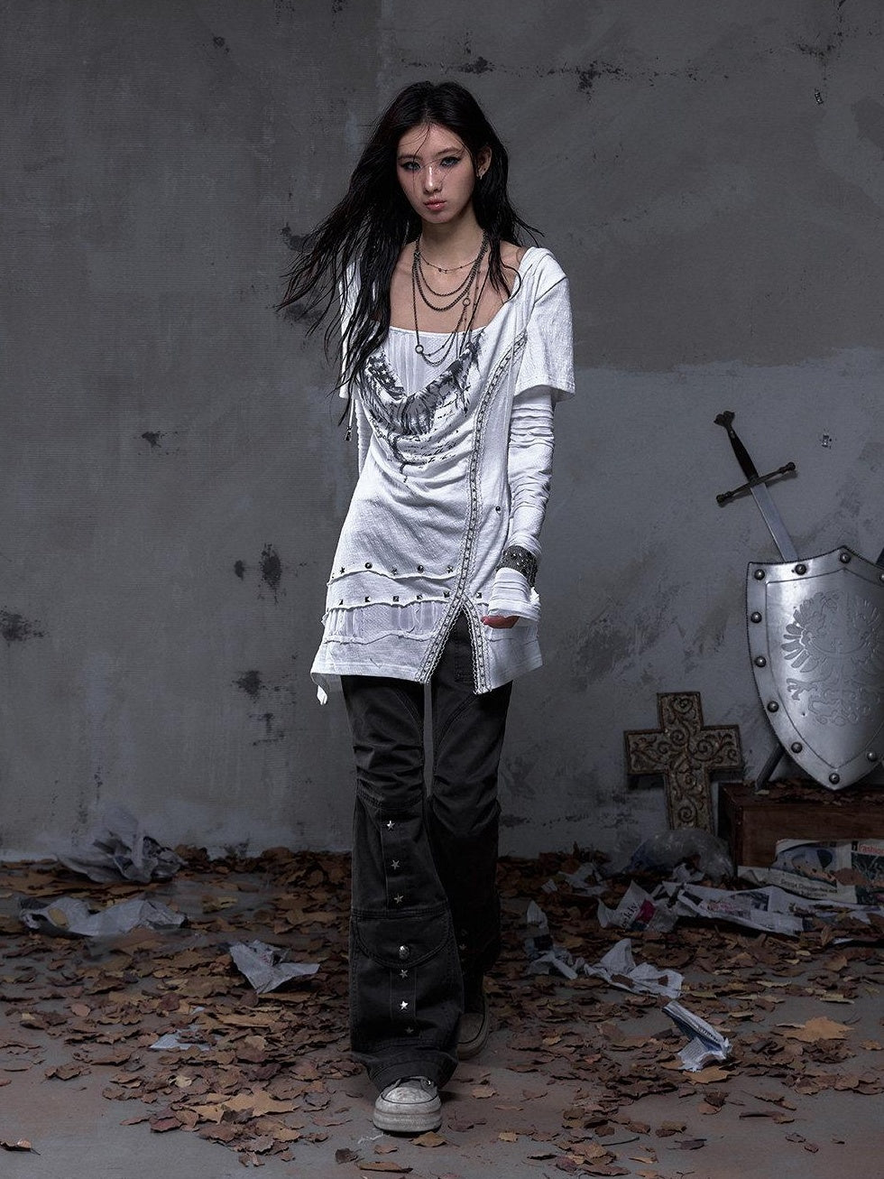 NO ROMANCE Pleated Button Mid Low Rise Subtle Flare Dark Grunge Women Chinos