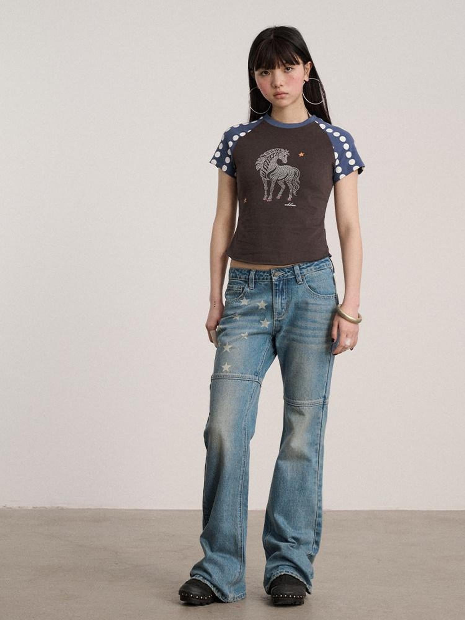 Achihara Polka Dot Contrast Panel Rhinestone Women'S Cotton Blend Short Sleeve T-Shirts