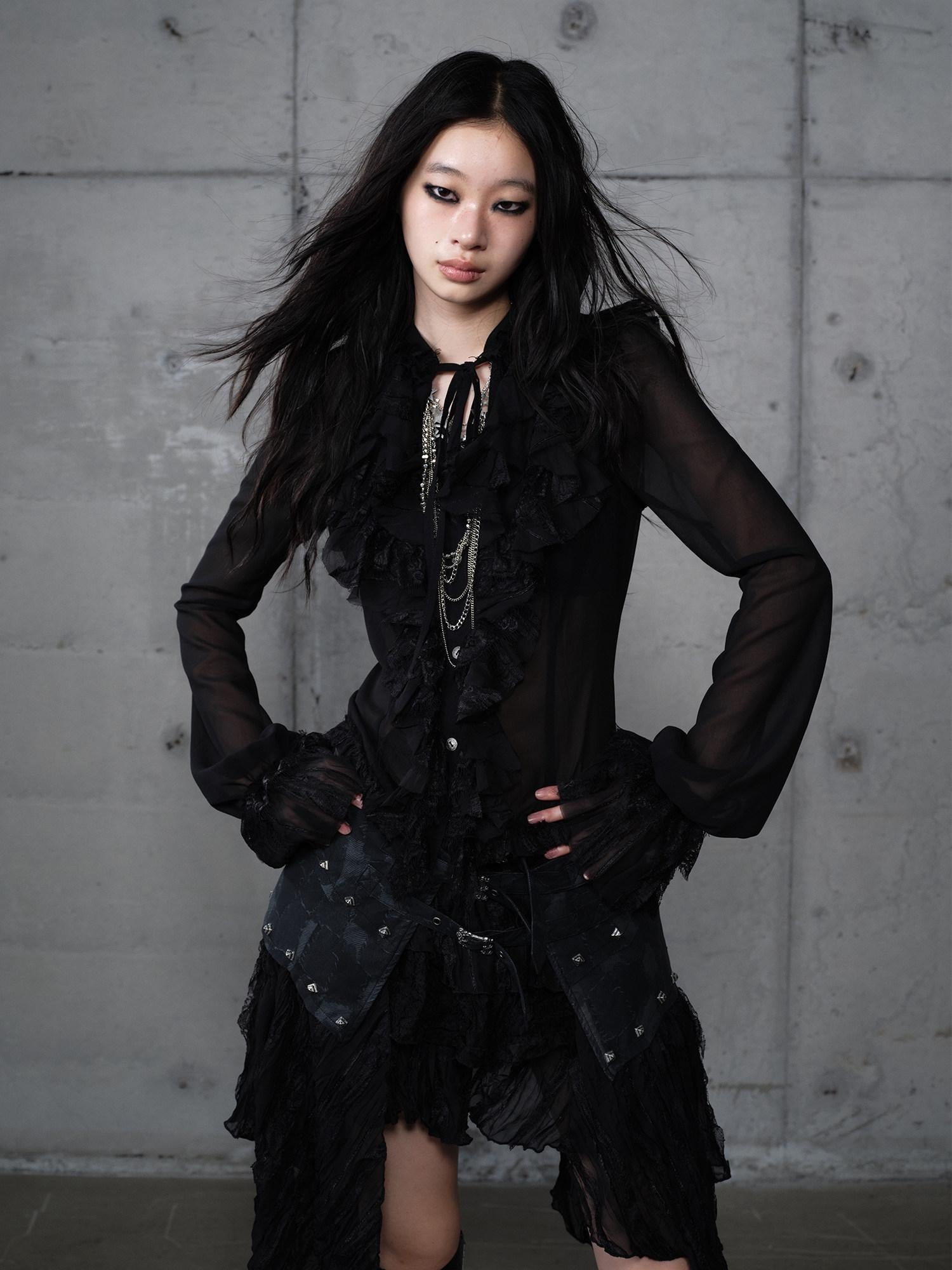 NO ROMANCE Slimming Vintage Slim Fit Ruffle Stand Collar Chiffon Long Sleeve Women Blouses