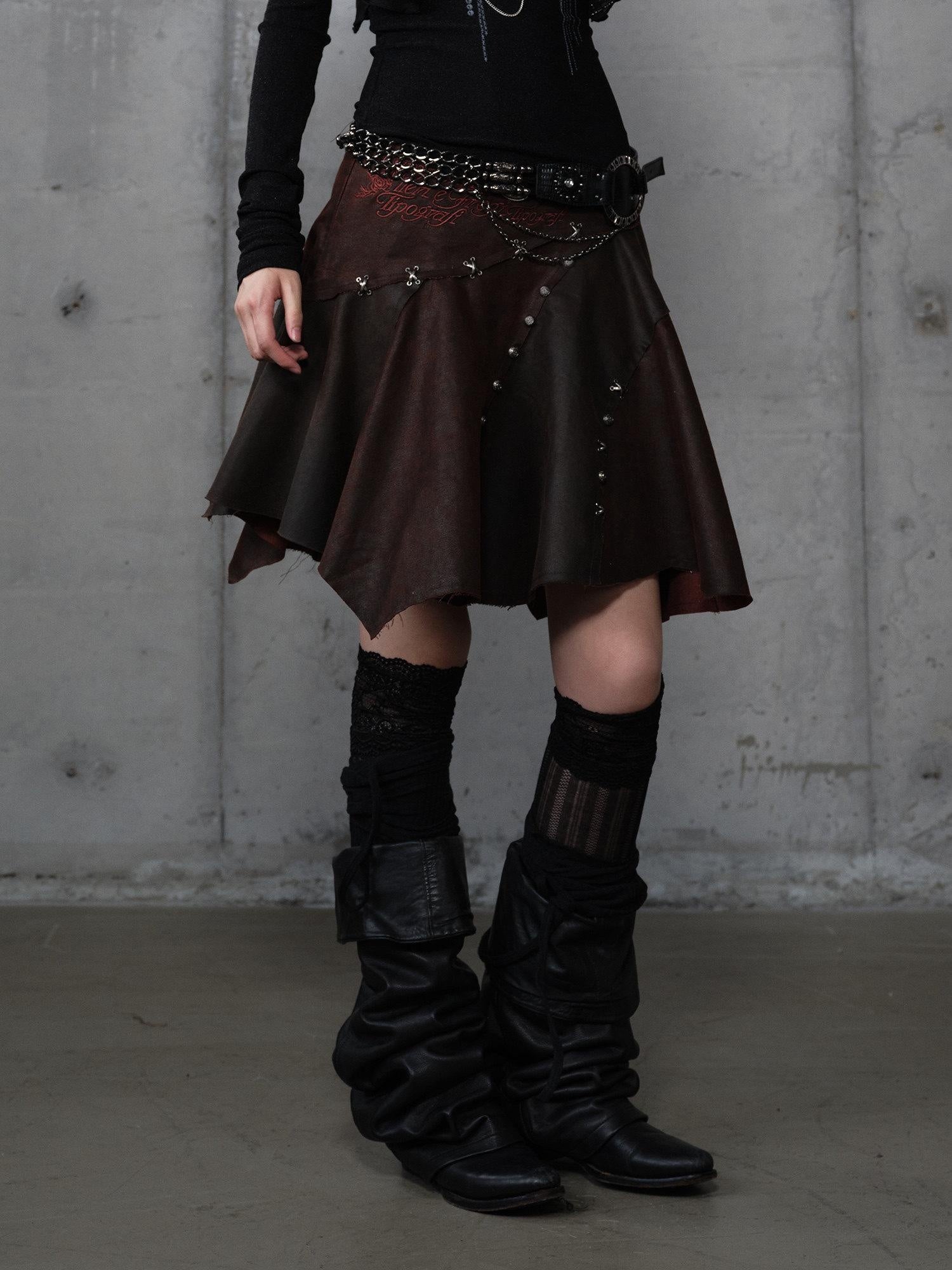 NO ROMANCE Embroidered Regal Asymmetric Mid Rise Loose Casual Girls Dark Brown Mini Skirts