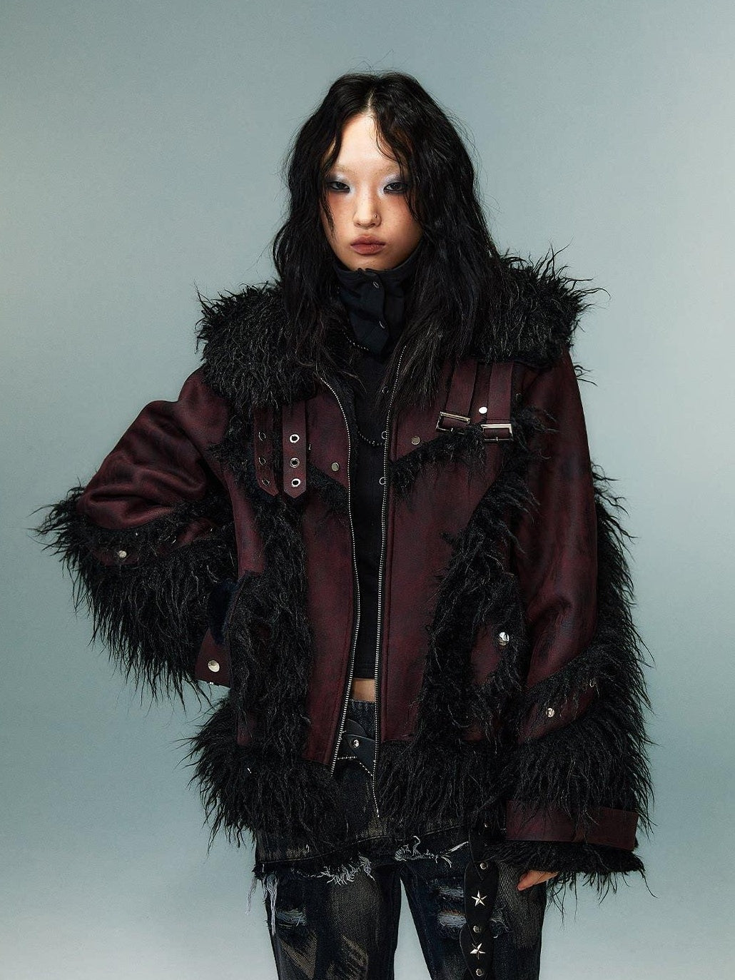 Frustration Garden Warm Oversized Original Zip Patchwork Faux Fur Studs Women Casual Jackets