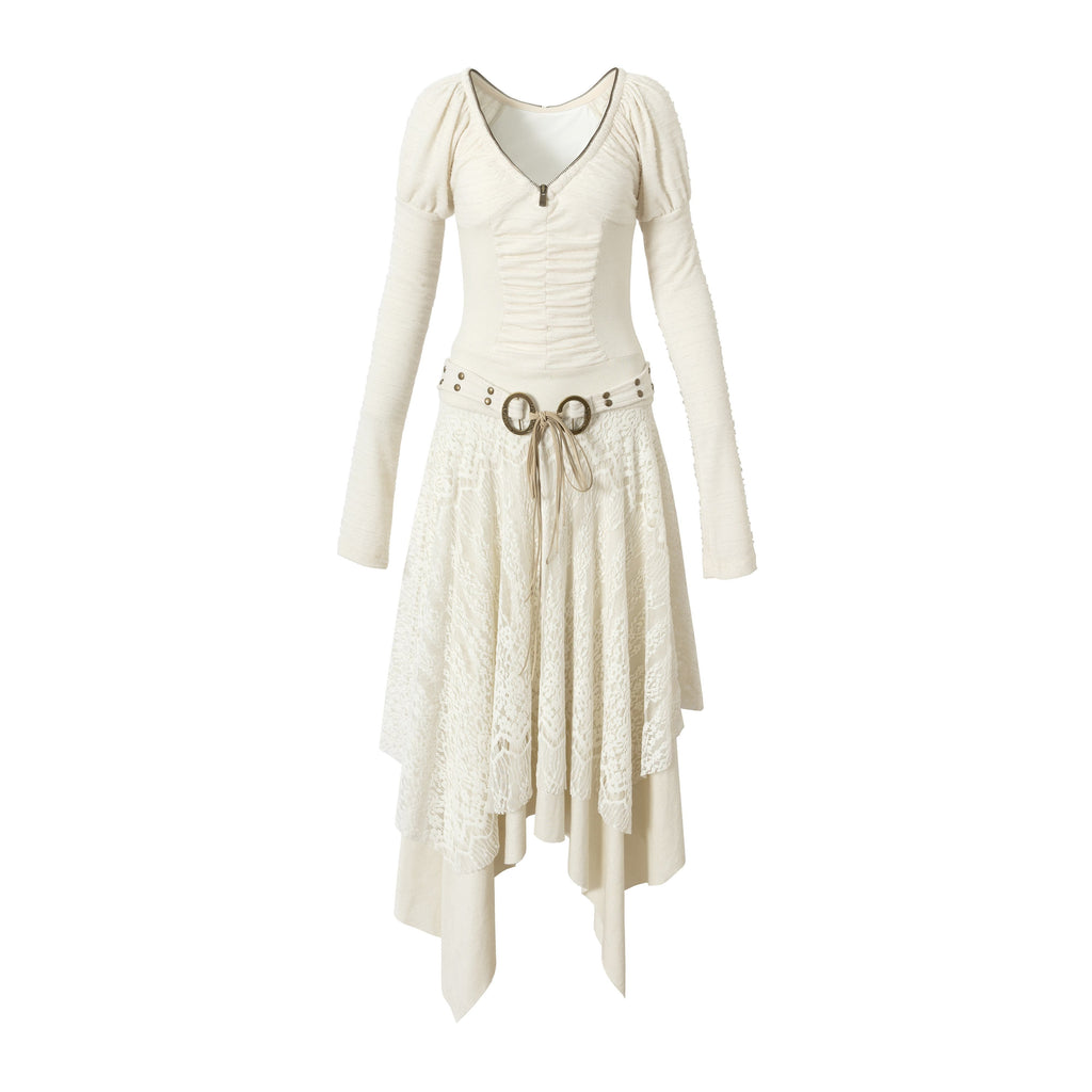 NO_ROMANCE_Regal_V-neck_Knit_Puff_Sleeve_Asymmetric_Hem_Women_City_Walk_Casual_Midi_Dresses_MISSTT