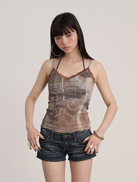 Achihara_Letter_Print_Strappy_V-neck_Slim_Fit_Women'S_Polyester_Lace_Camisoles_MISSTT