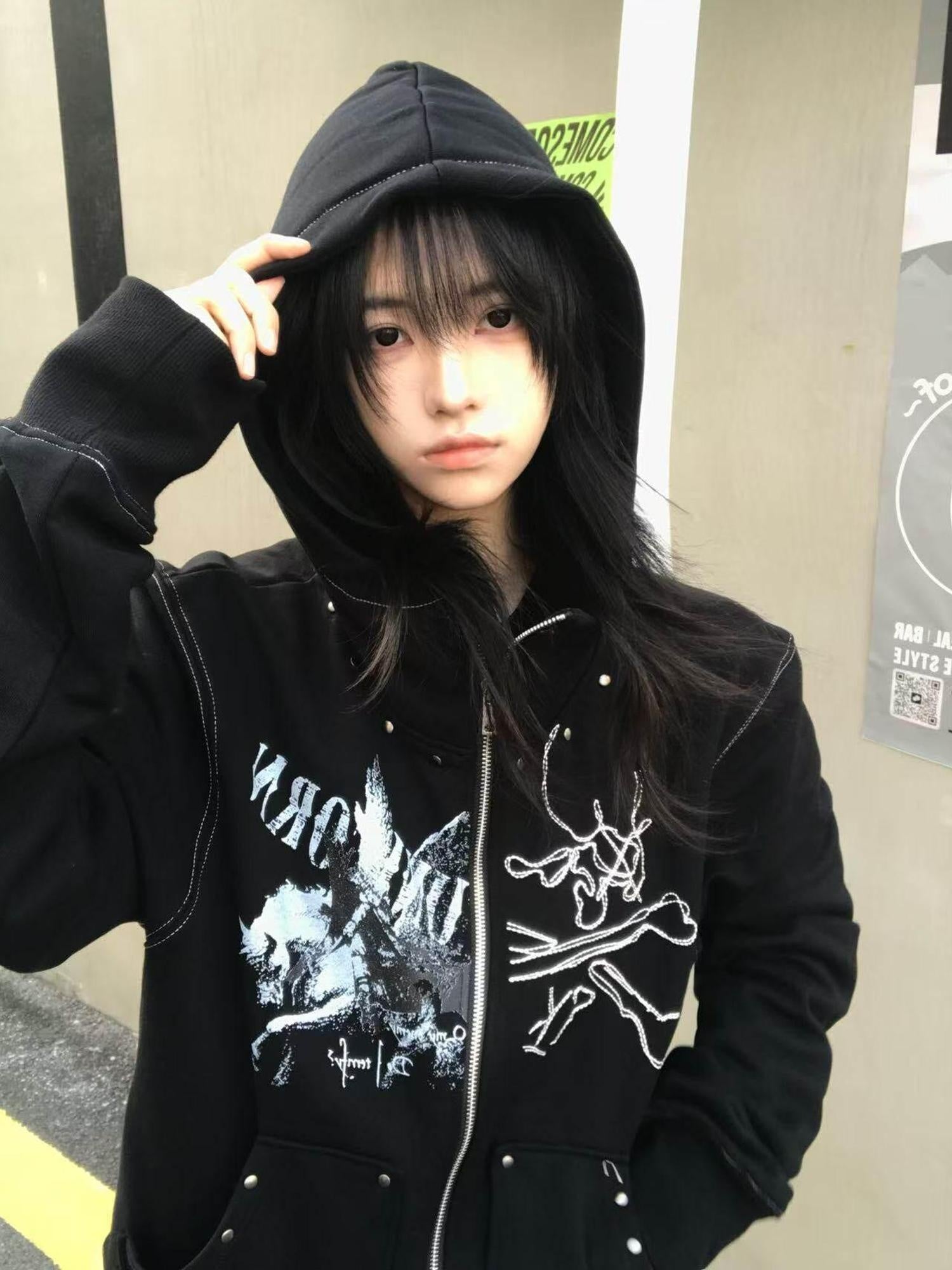PAIKI Slim Fit Zip Up Hooded Short Length Skull Casual Unisex Sport Polyester Hoodies
