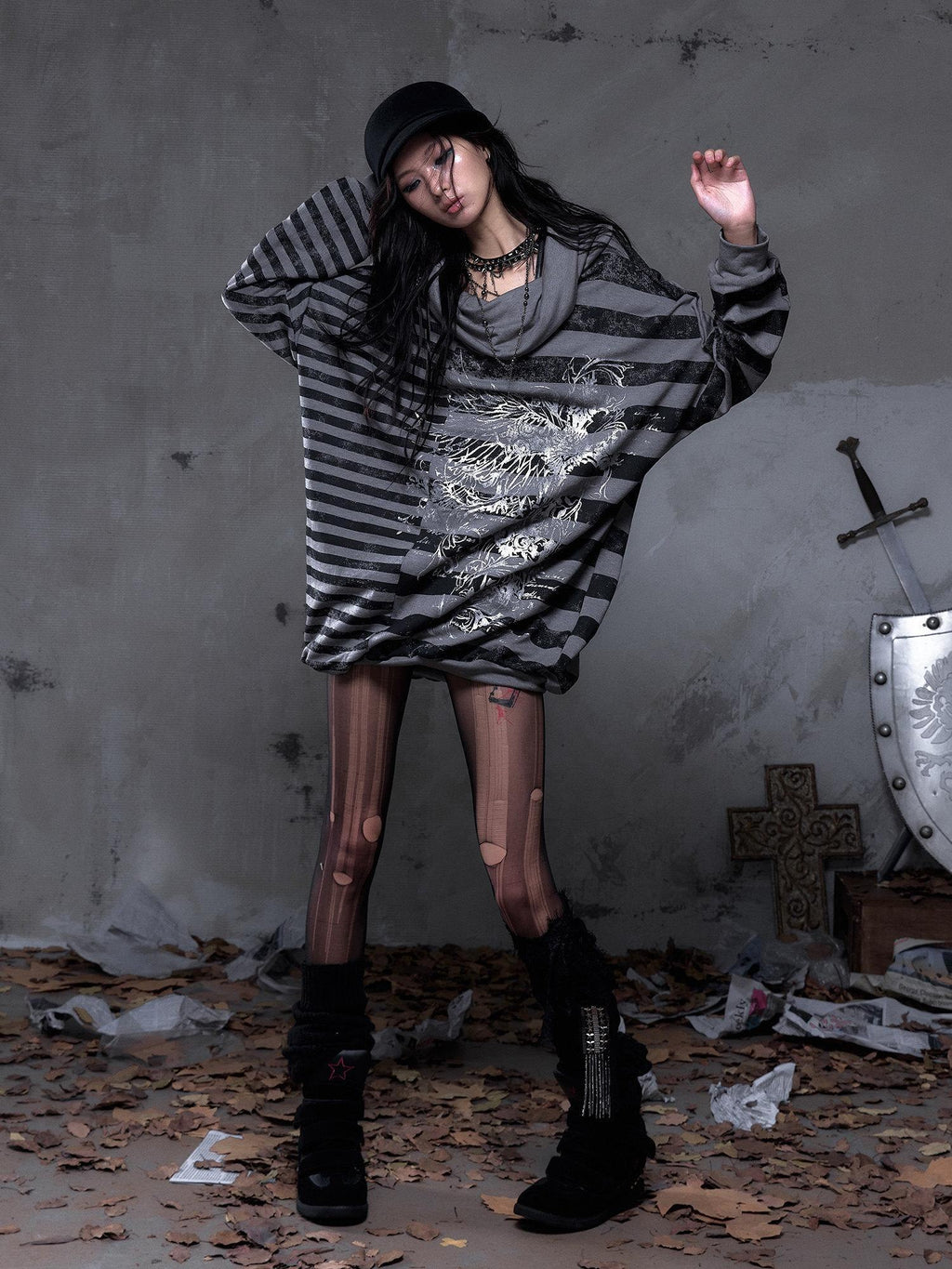 NO ROMANCE Stretch Viscose Printed Relaxed Loose Longsleeve Women Party Casual Mini Dresses