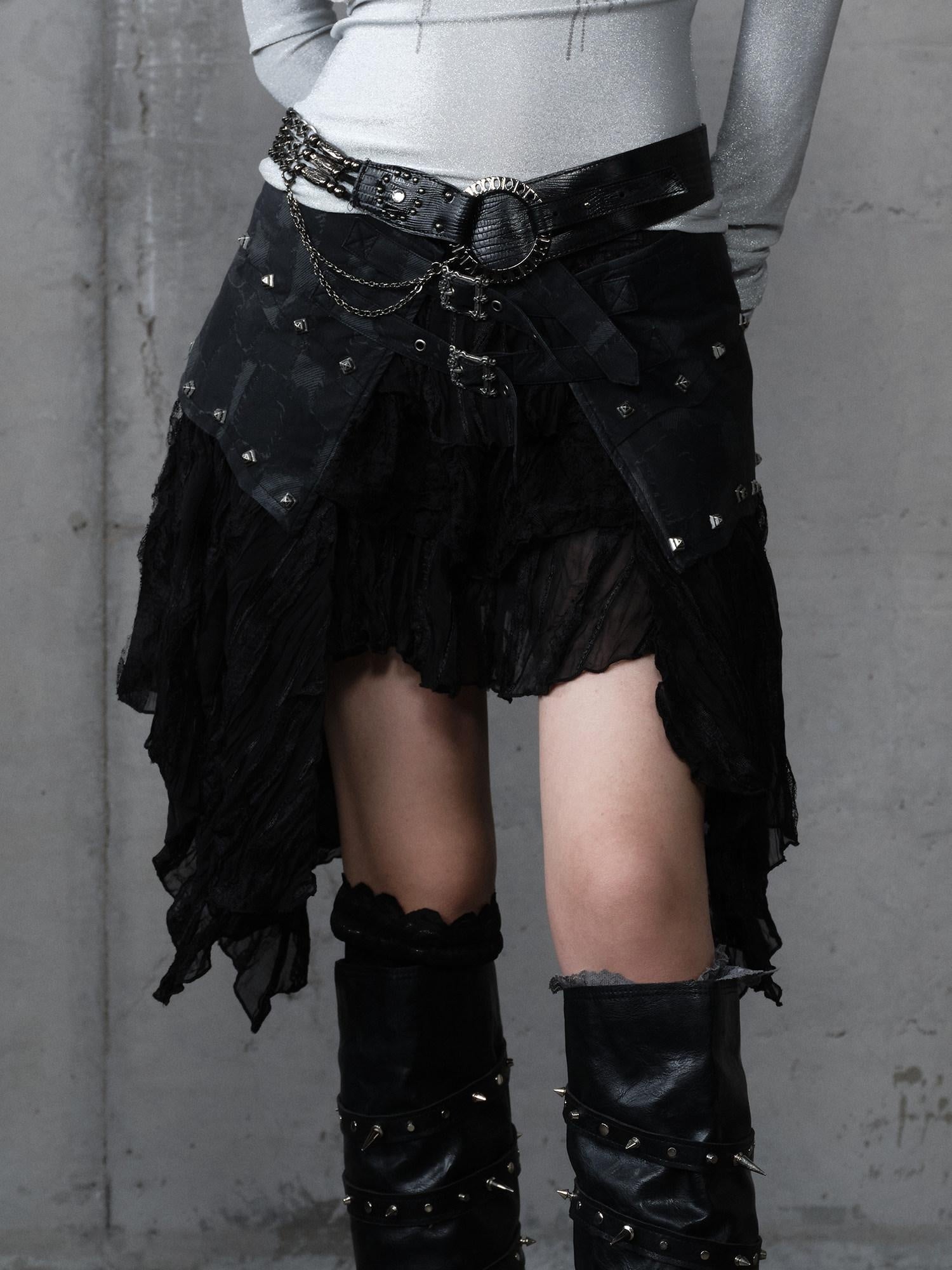 NO ROMANCE Layered Asymmetrical Lace Punk Mid Waist Women Everyday Stylish Midi Skirts