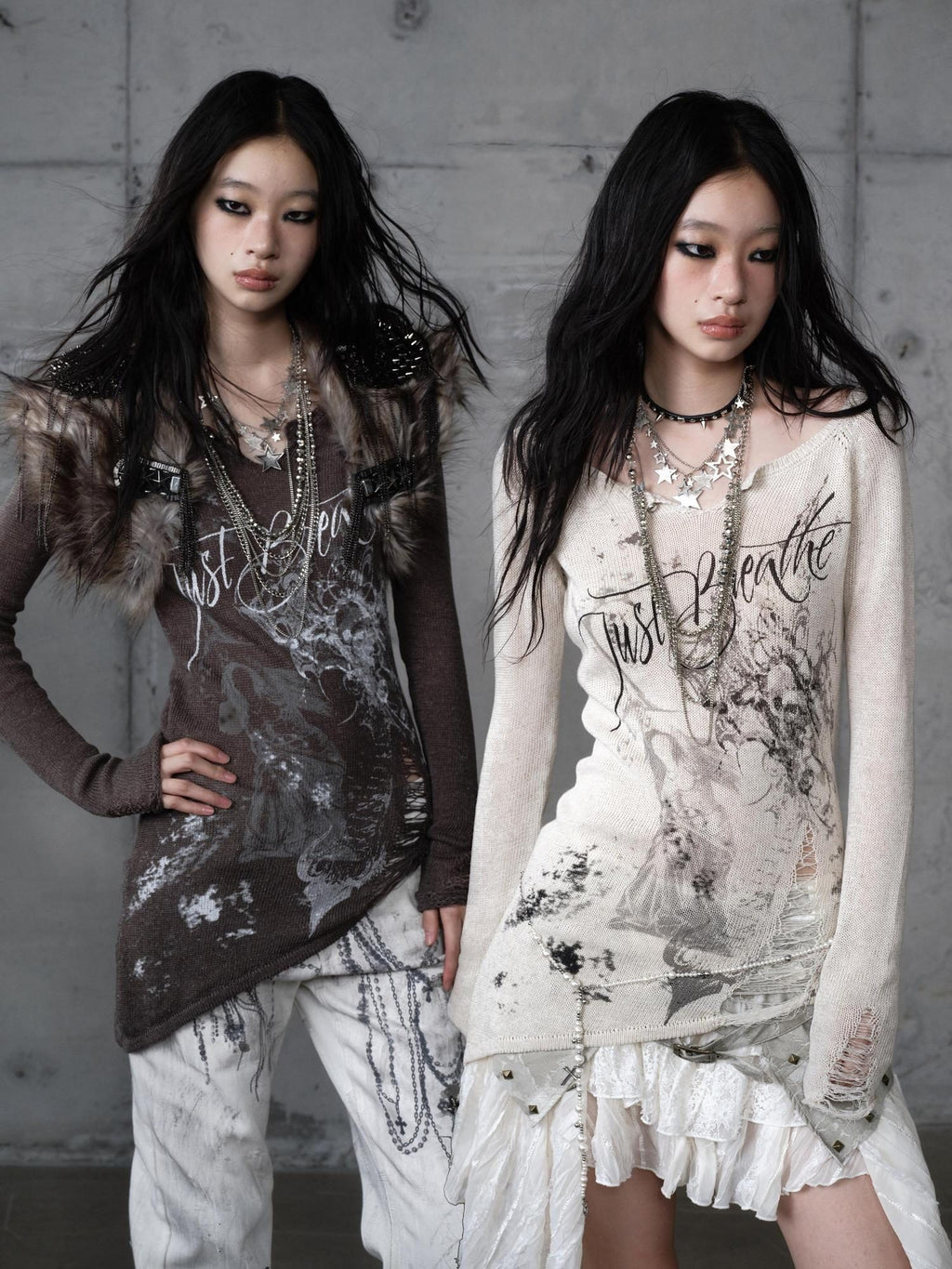 NO ROMANCE Soft Slim Punk V-neck Reversible Distressed Polyester Women Long Sleeve T-Shirts