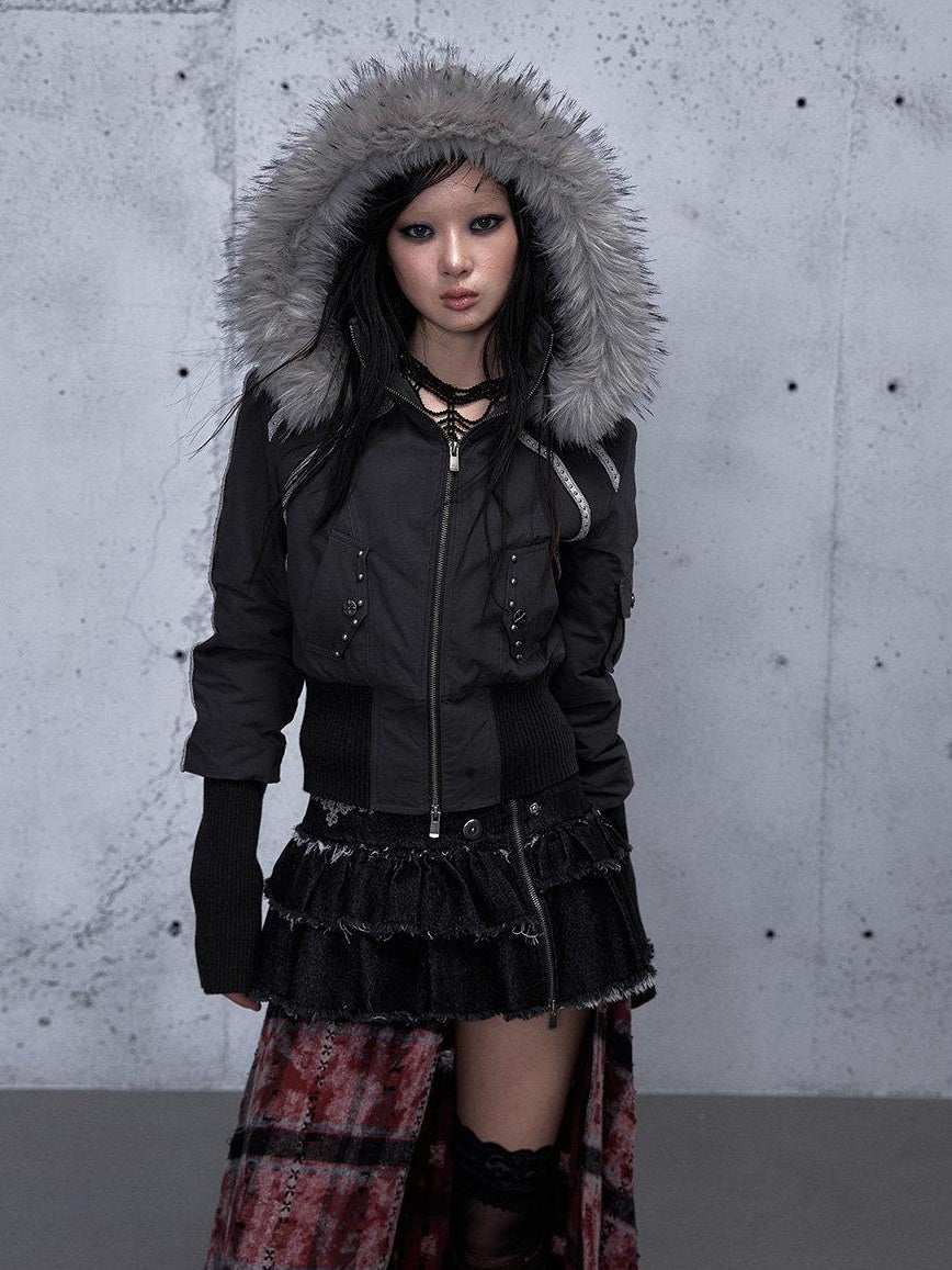 NO ROMANCE Edgy Punk Slim Fit Hooded Cropped Short Sleeve Zipper Women Puffer Jackets