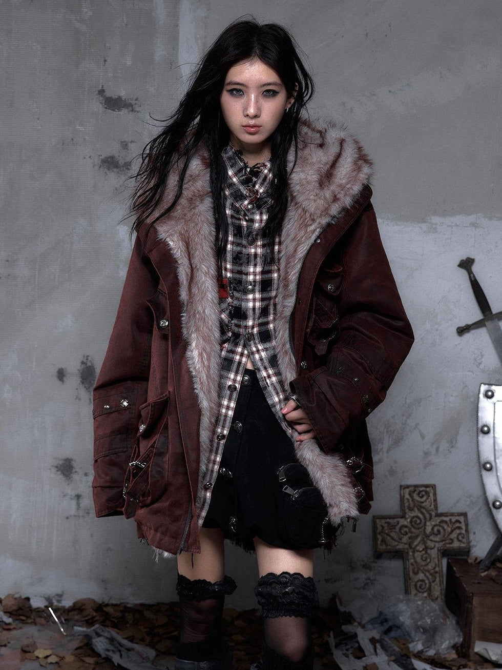NO ROMANCE Thick Insulated Hooded Punk Oversized Midlength Zip Khaki Green Puffer Jackets