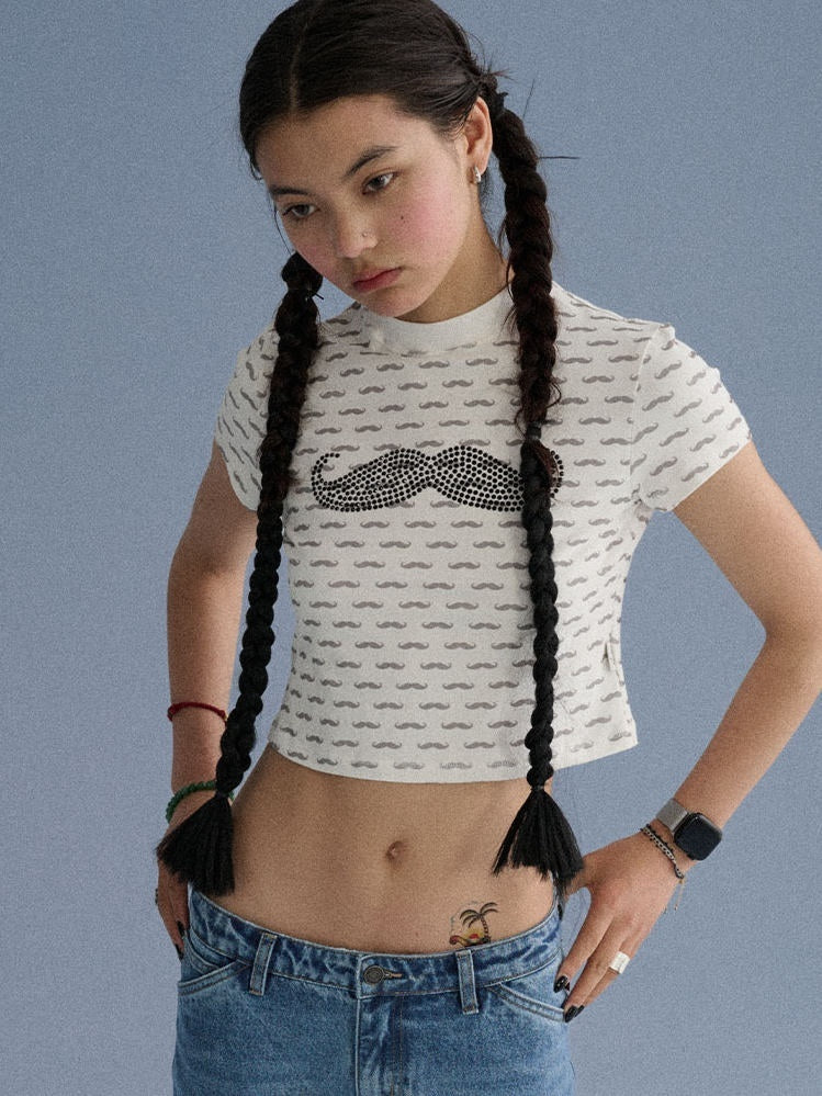 Achihara_Mustache_And_Lip_Print_Rhinestone_Slim_Fit_Women'S_Cotton_Crop_Tops_MISSTT