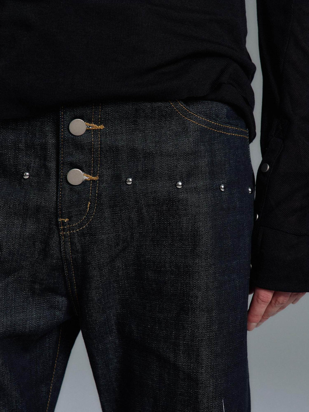PAIKI Studded Mid Rise Loose Flare Black Denim Casual Men Youth Straight Jeans