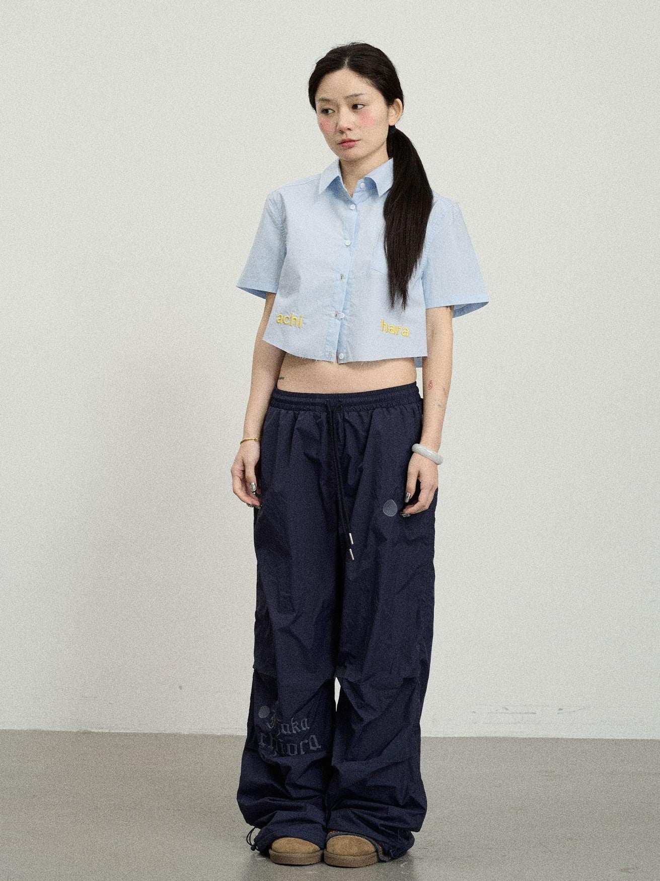 Achihara Soda Blue Office Collared Short Sleeve Women'S 100 Percent Cotton Crop Tops