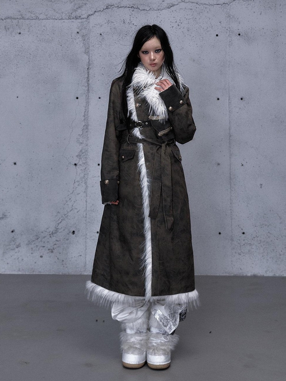 NO ROMANCE Reversible Fur Trim Regal Court Loose Fit Women Black Mint Green Long Coats