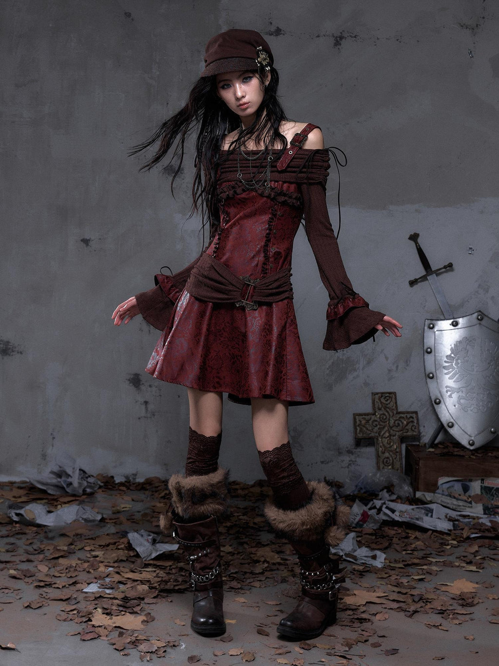 NO ROMANCE Soft Knit Longsleeve Punk A Line Slim Women Khaki Slip Midi Dresses