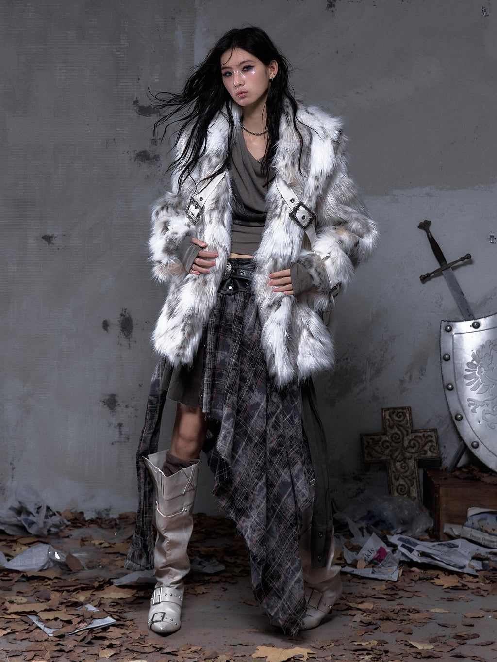 NO ROMANCE Insulated Retro Relaxed Midlength Lapel Fur Trim Women Ivory Puffer Jackets