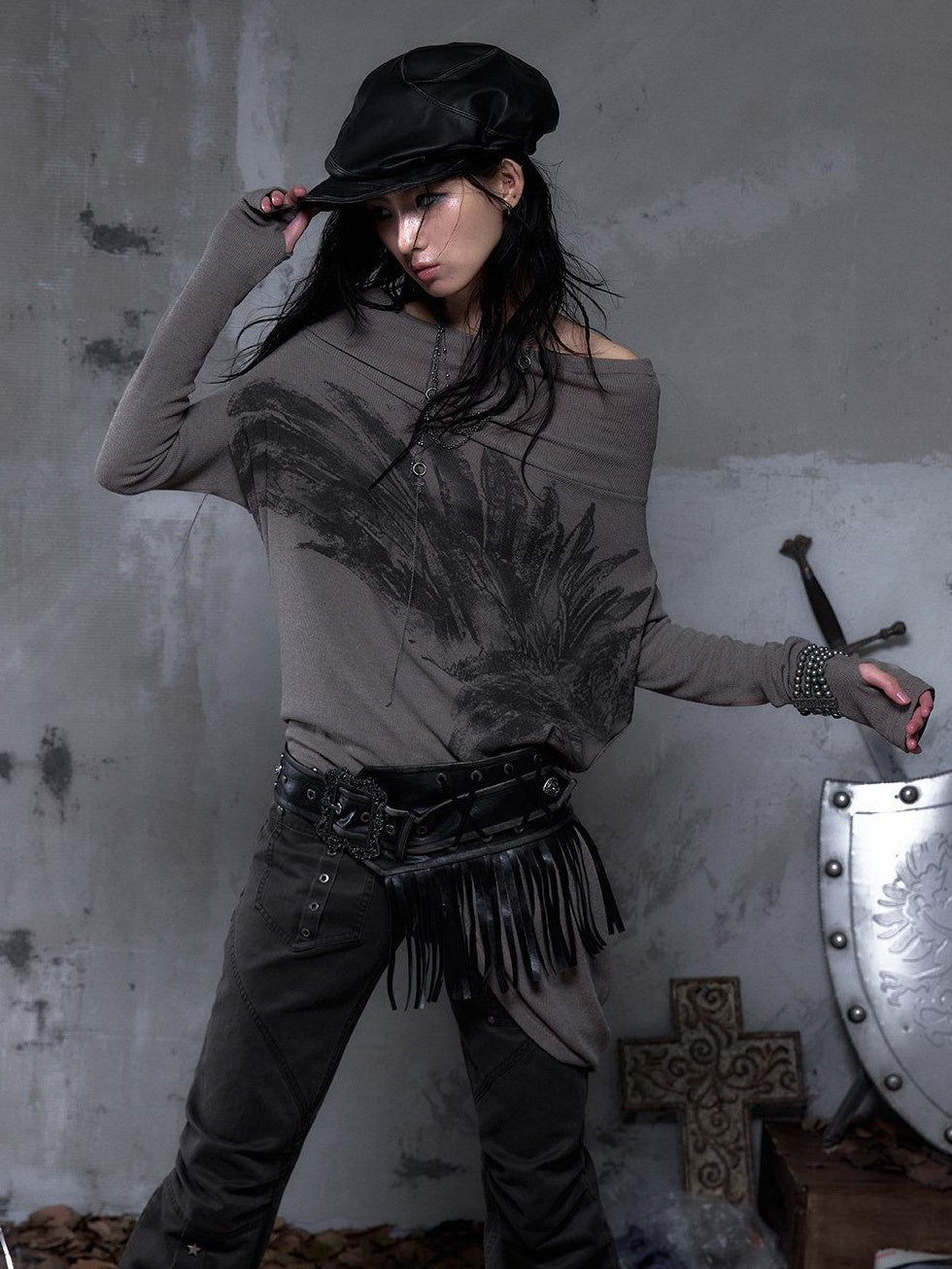 NO ROMANCE Soft Stretch Viscose Printed Cropped Fitted Waist Women Long Sleeve T-Shirts