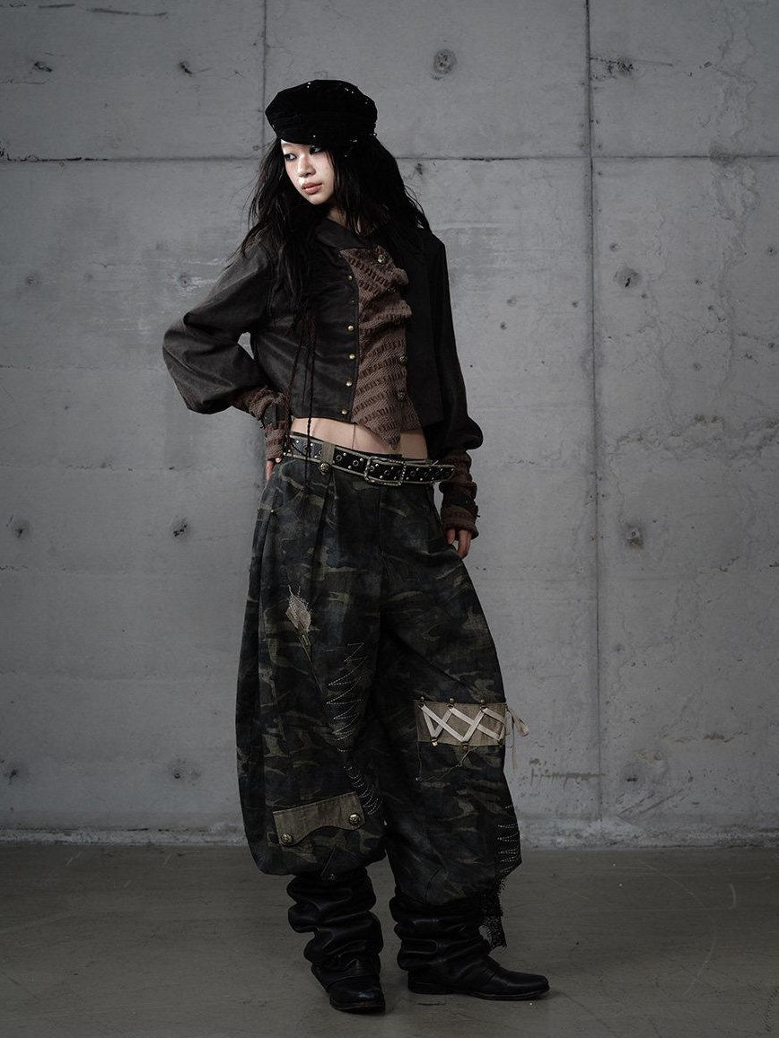 NO ROMANCE Embroidered Cotton Camo Casual Mid Rise Curved Cut Teen Girls Wide-Leg Pants