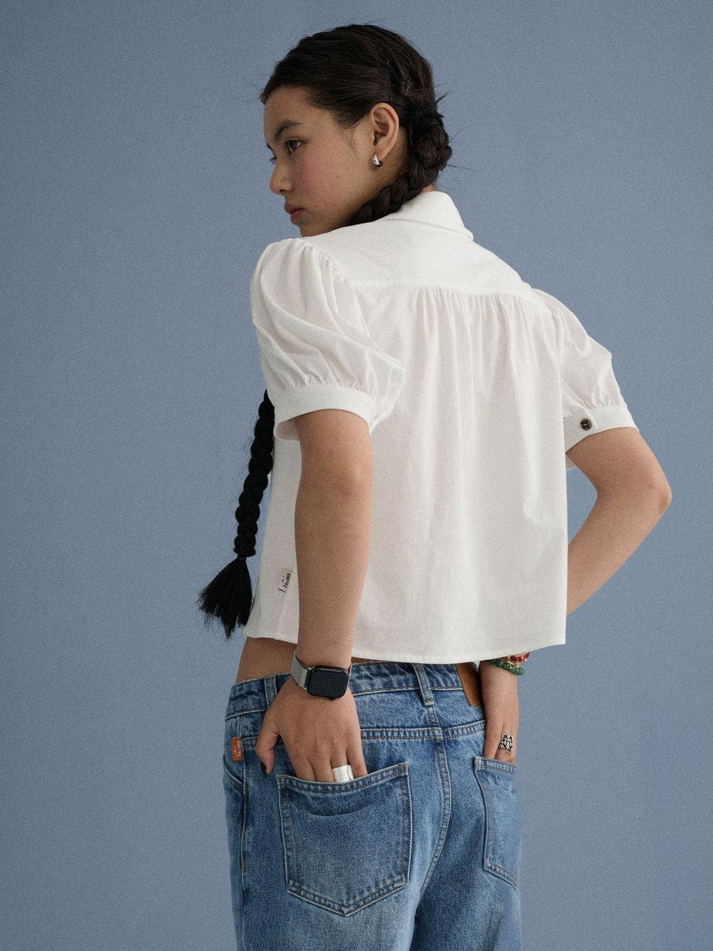 Achihara Blue Grey Buttoned Printed Collared Women'S Cotton Short Sleeve T-Shirts