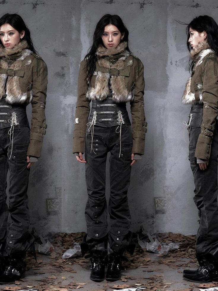 NO ROMANCE Distressed Vintage Slim Fit Cropped Long Sleeve Women Gold Khaki Casual Jackets