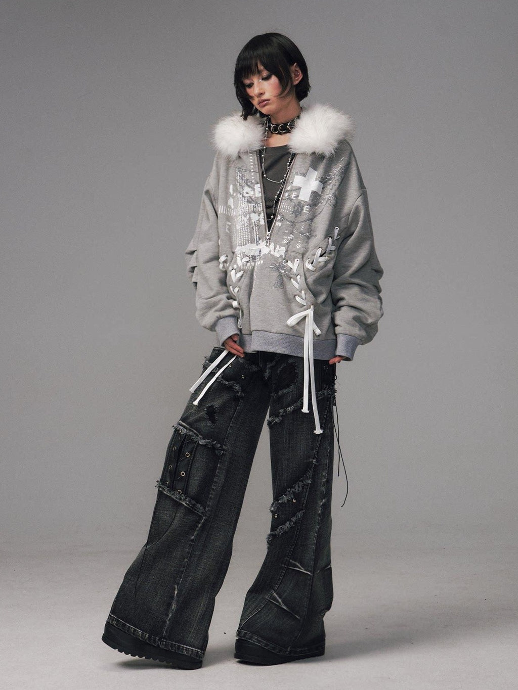 Frustration Garden Original Design Loose Fit Printed Fur Collar Zip Hooded Warm Gray Women Hoodies