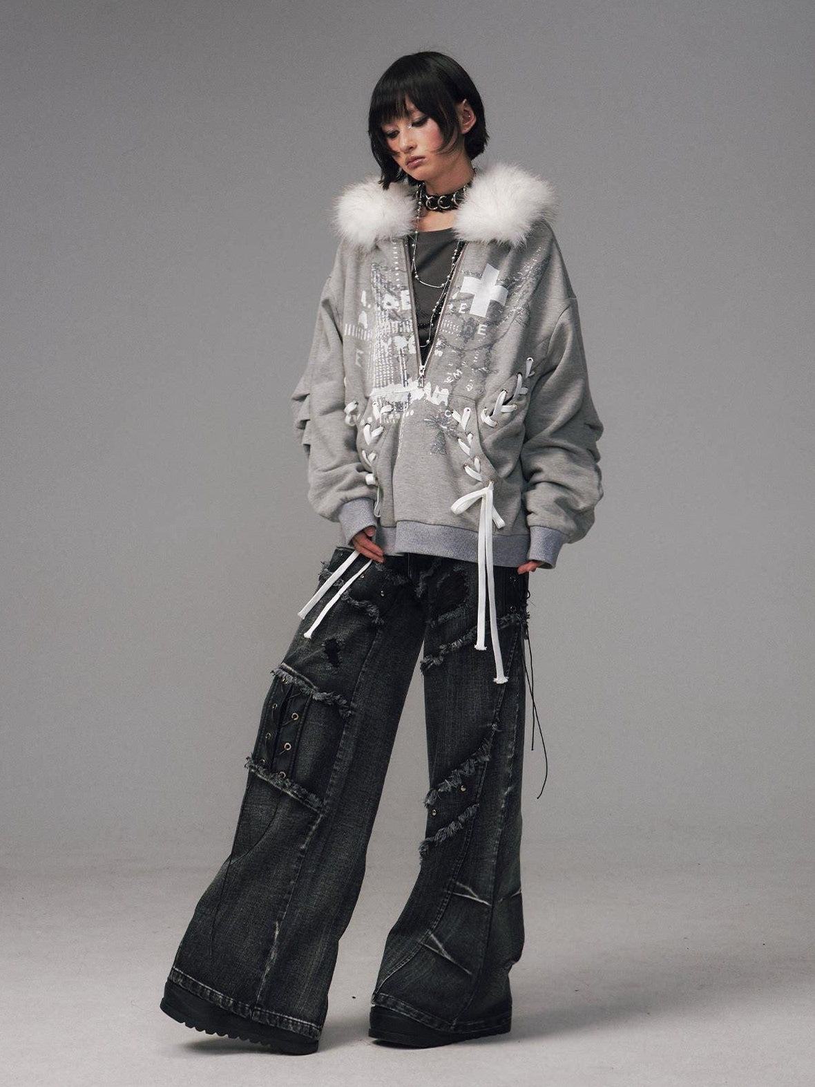 Frustration Garden Original Design Loose Fit Printed Fur Collar Zip Hooded Warm Gray Women Hoodies