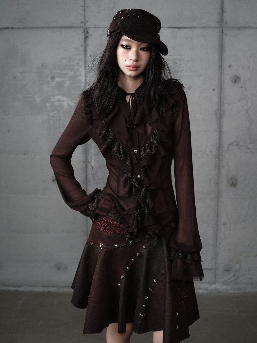 NO ROMANCE Slimming Vintage Slim Fit Ruffle Stand Collar Chiffon Long Sleeve Women Blouses