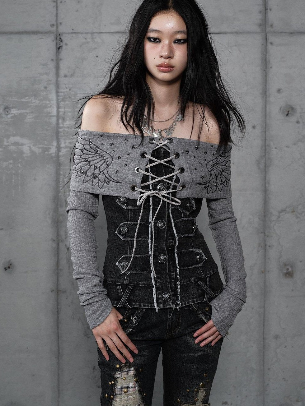 NO ROMANCE Vintage Patchwork Rhinestone Knit Women Washed Gray Long Sleeve T-Shirts