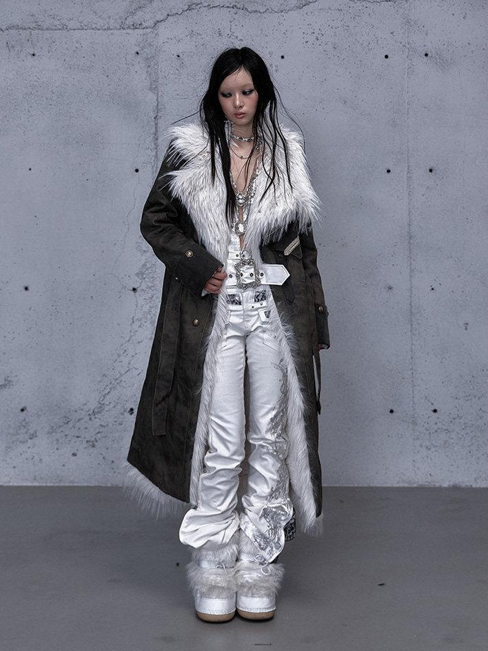 NO ROMANCE Reversible Fur Trim Regal Court Loose Fit Women Black Mint Green Long Coats